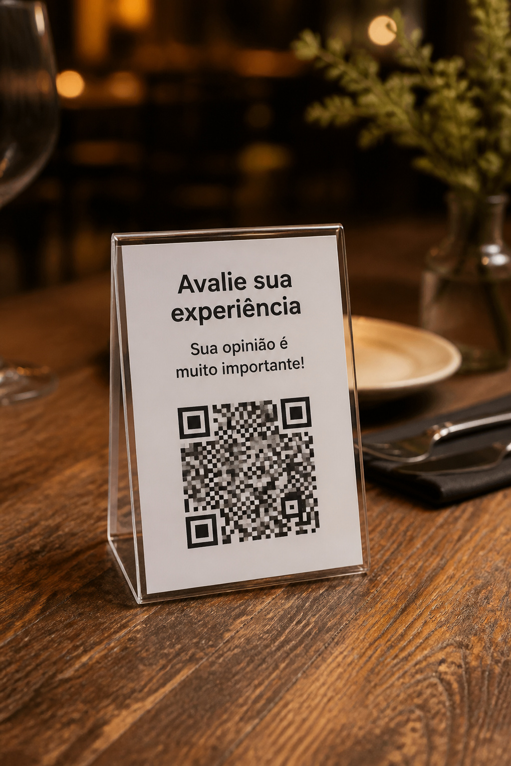 Placa com QR na recepção do hotel