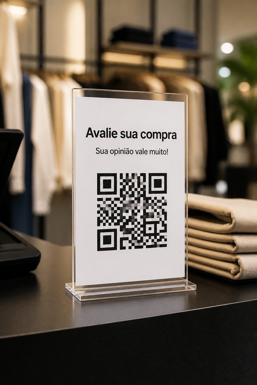 Display de acrílico com QR code de NPS no balcão da loja