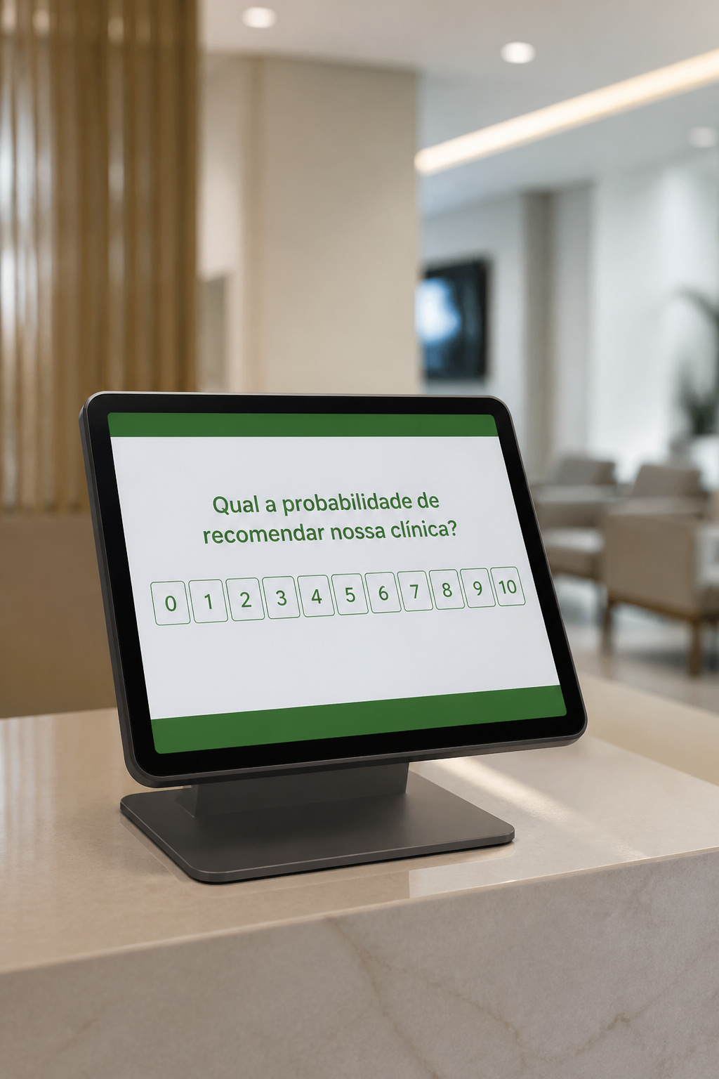 Tablet na recepção da clínica exibindo a pesquisa NPS