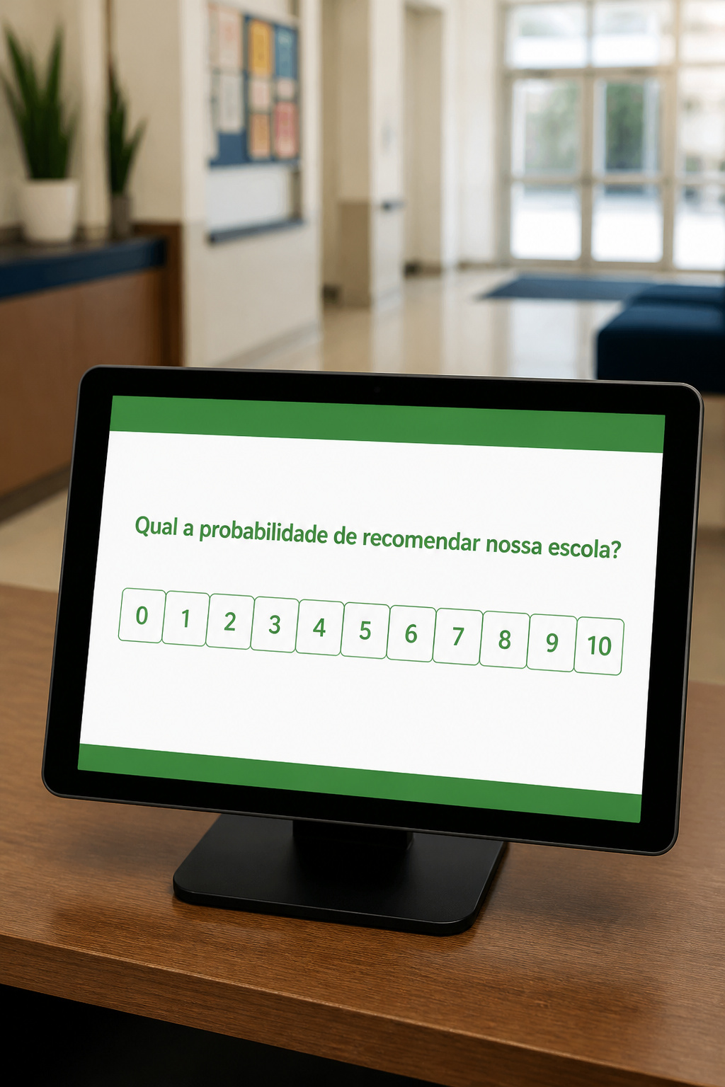 Tablet na secretaria da escola exibindo a pesquisa de NPS